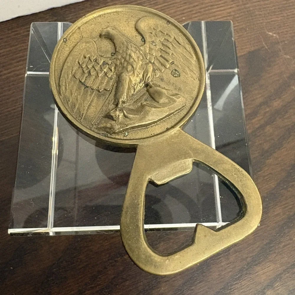 Vintage Italy Solid Brass Bottle Opener Eagle Rooster Coin Figural Barware